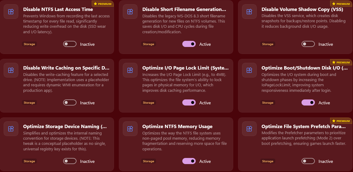 Optimization Tweaks Interface