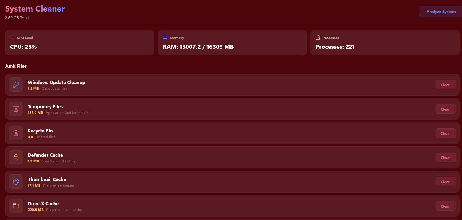 System Cleaner Interface